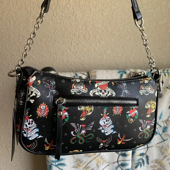 Ed Hardy Black and Red Tattoo Studded Shoulder Bag optional Crossbody strap - Picture 3 of 8